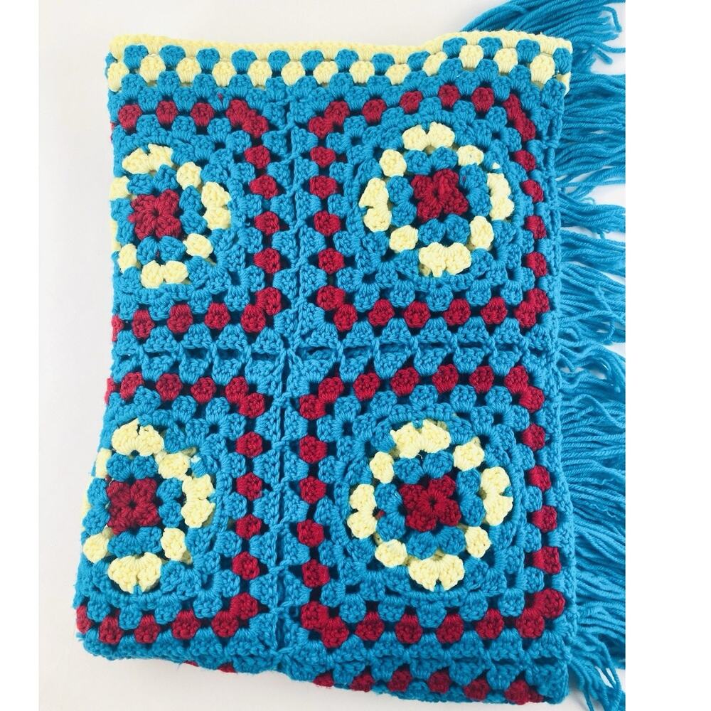 Vintage Crochet Bold Blanket Squares Fringe 90s Afghan Bright Teal Blue Throw Ye
